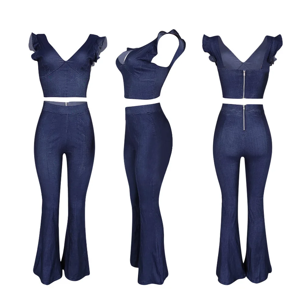 

Plus Size clothing 2 piece set women crop top with denim flare jeans Straight Strap Crop Tops Jeans Trousers, Denim blue
