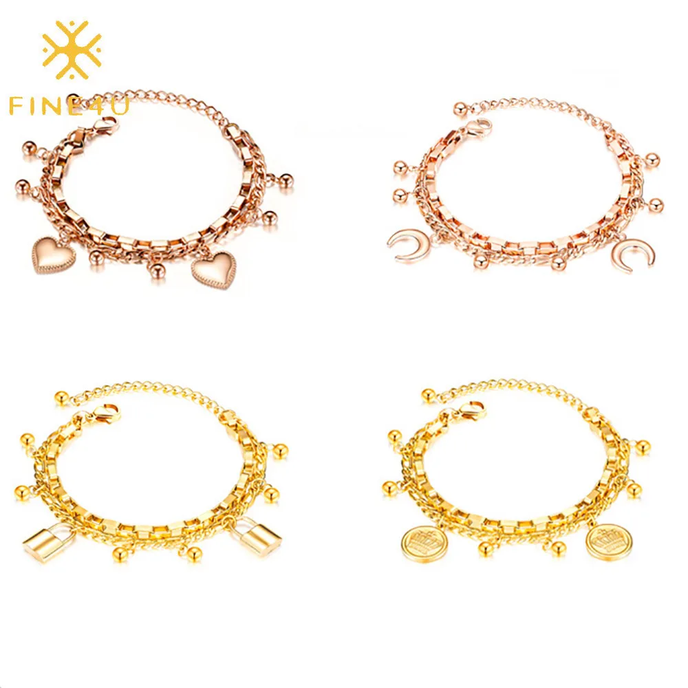 

Gold plated heart crown moon lock bead charms stainless steel box layered chain pour femmes jewelry bracelet, Rose gold/gold/steel