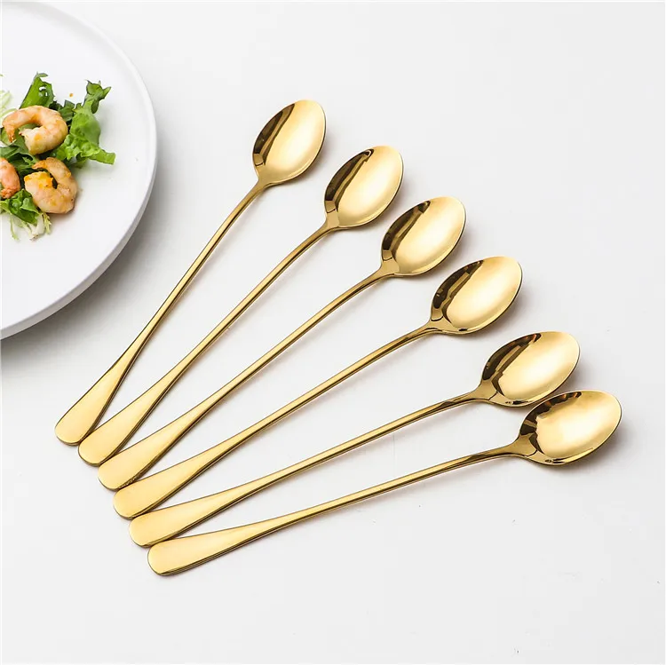 

wholesale bulk royal luxury gold stainless steel long drink joghurt iced tea soda latte spoons, Customized