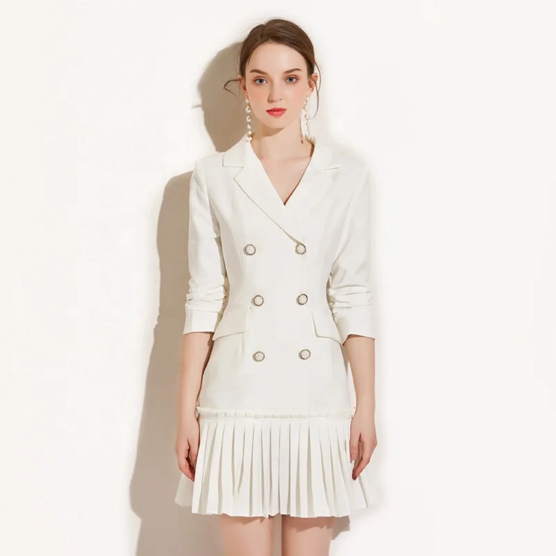 

Fashion Style Lapel Double-breasted Half Sleeve Pleated Women Dresses Office Formal Ladies Career Dress, Customized color
