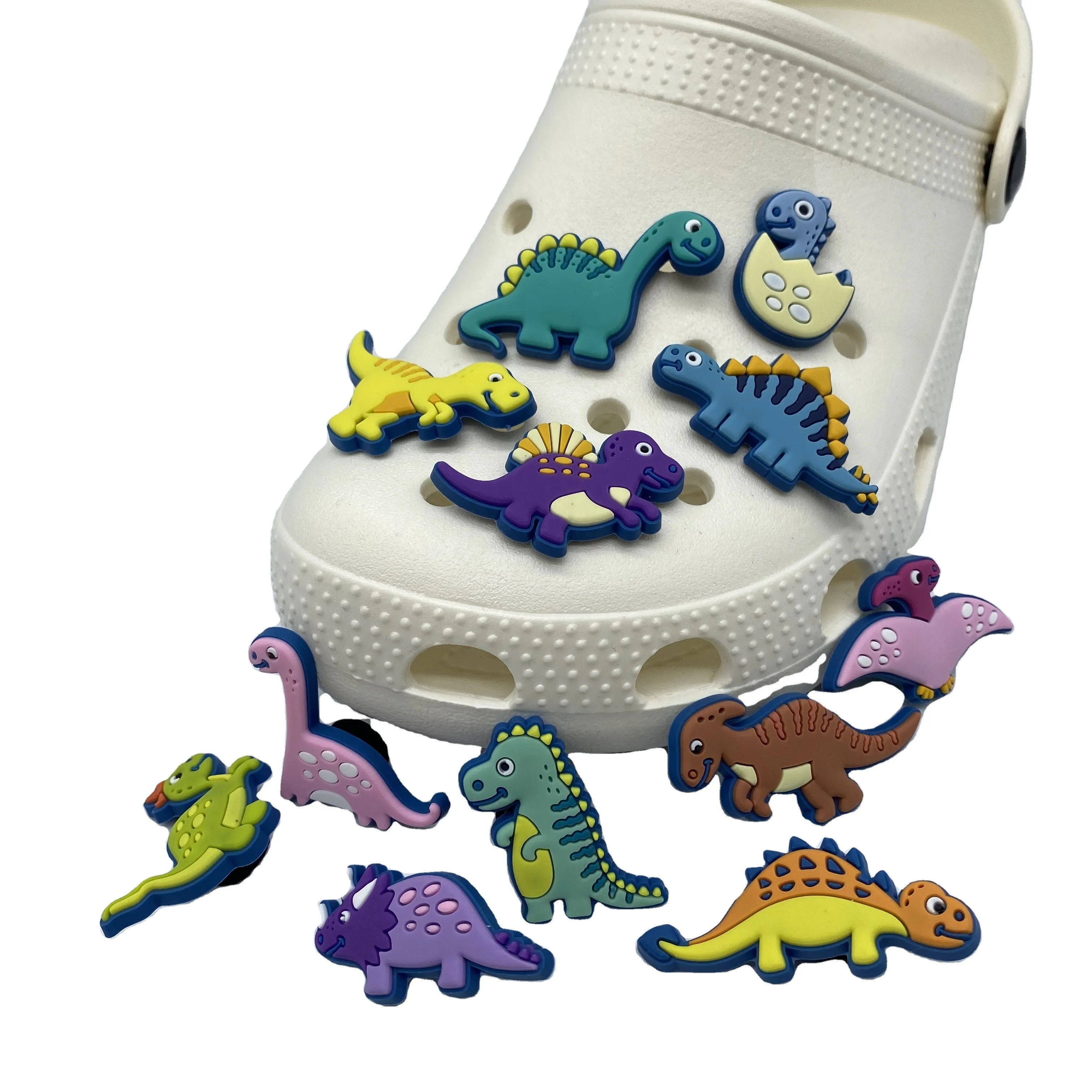 

Wholesale PVC cartoon Jurassic dinosaur clock charms Custom designer sandals charms and bracelet charms for kids, As picture