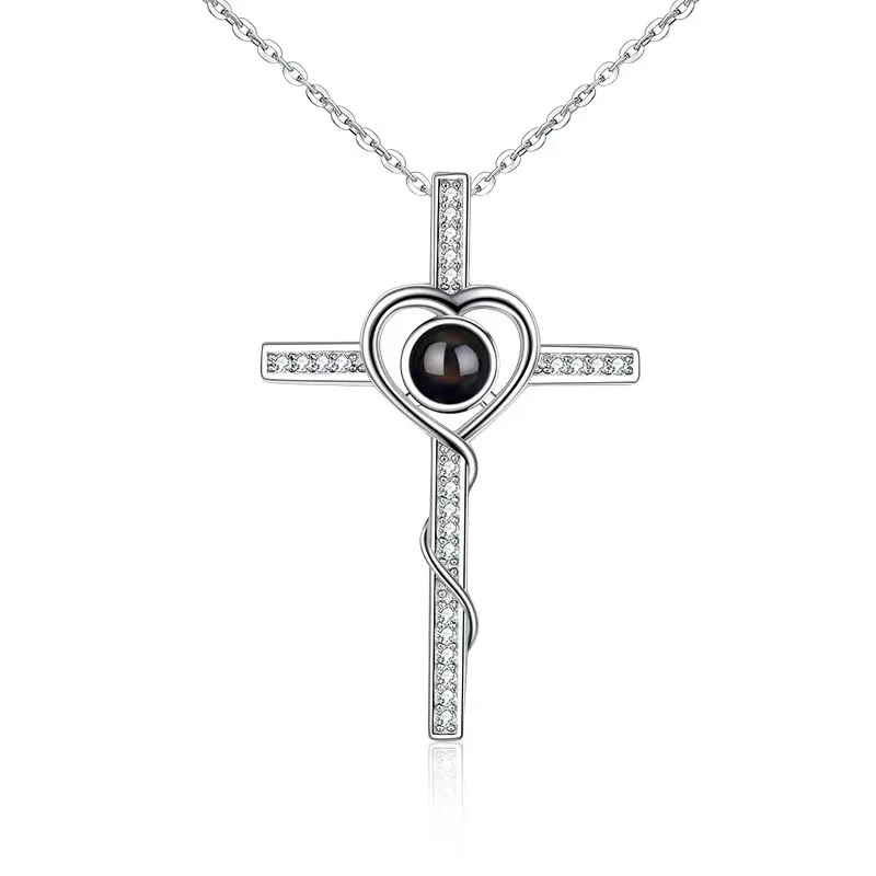 Qiuhan 100 Languages Projection Pendant Collarbone Chain Cross Necklace