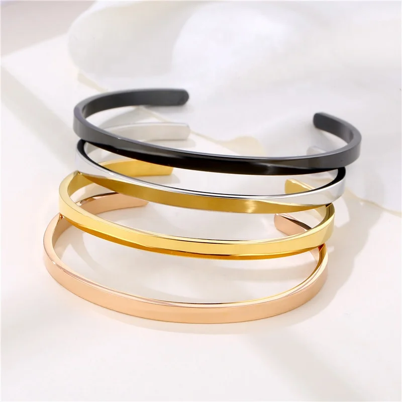 

In Stock 4MM wide Stainless Steel Plated 18K Gold Cuff Bangle Bracelets for Women Jewelry