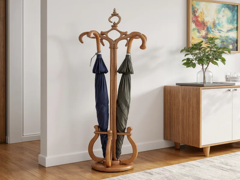 Finished DIY umbrella stand holding wet umbrellas in entryway