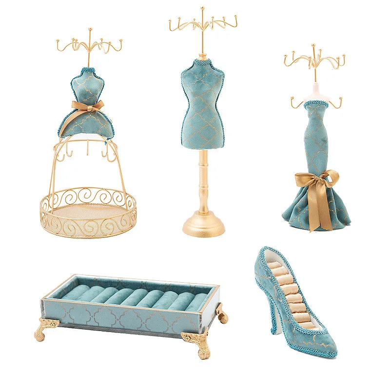 

Retro Nordic Jewelry Display Peacock Blue Bronzing Rotating Rack Earring Holder Necklace Ring Pendant Bracelet Storage Stand