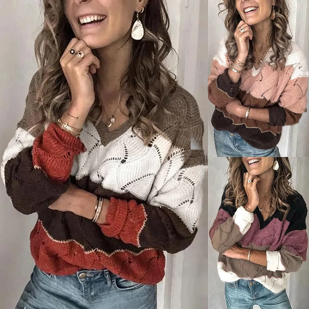 

WW-0179 Leisure Multicolor Splicing Knitting Coat Sexy, Hollow Out V-neck Sweater Girls Fashion V neck Sweater