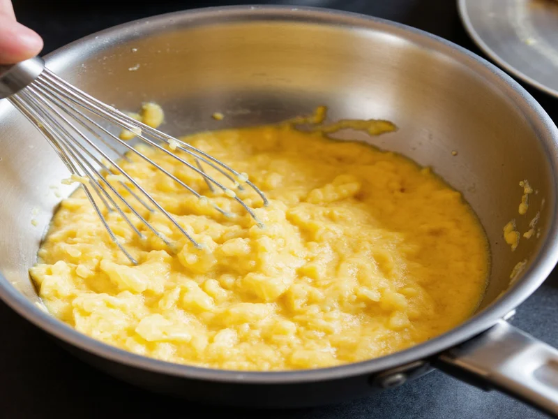 Whisking butter and cheese mixture in stainless steel pan