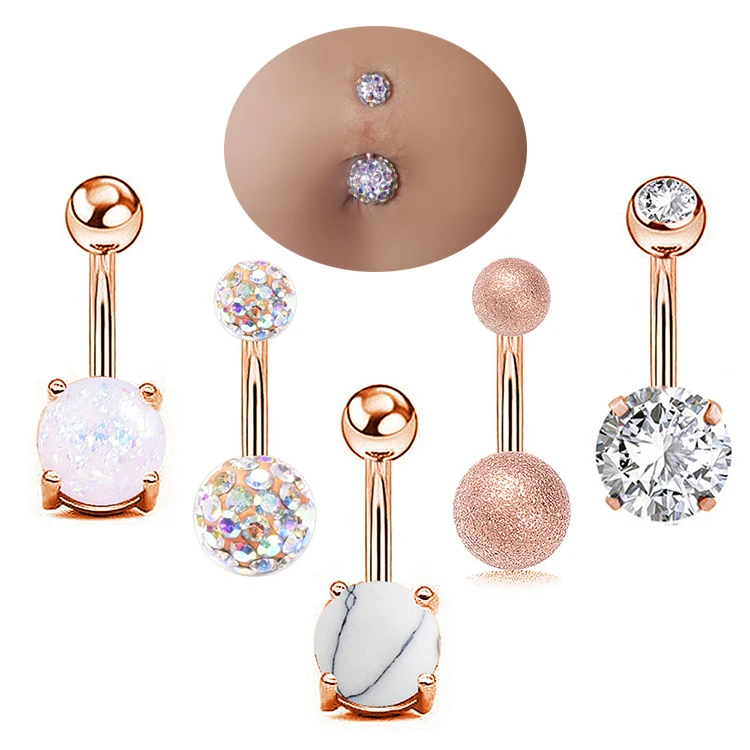 

Sexy 5 PCS set navel piercing jewelry rose gold silver plated stainless steel round rhinestone opal belly butter rings for women