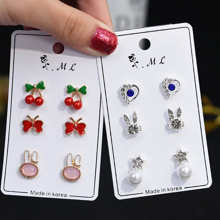 

Imitation pearl earring set with 3 pairs/set of diamond studs Fashion Girls Gift Shiny Rhinestone Stud Earrings Sets jewelry