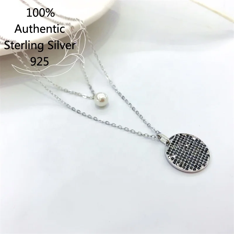 

Korean version of S925 sterling silver choker Pearl INS round Black CZ Pendant double clavicle necklace chain decoration student