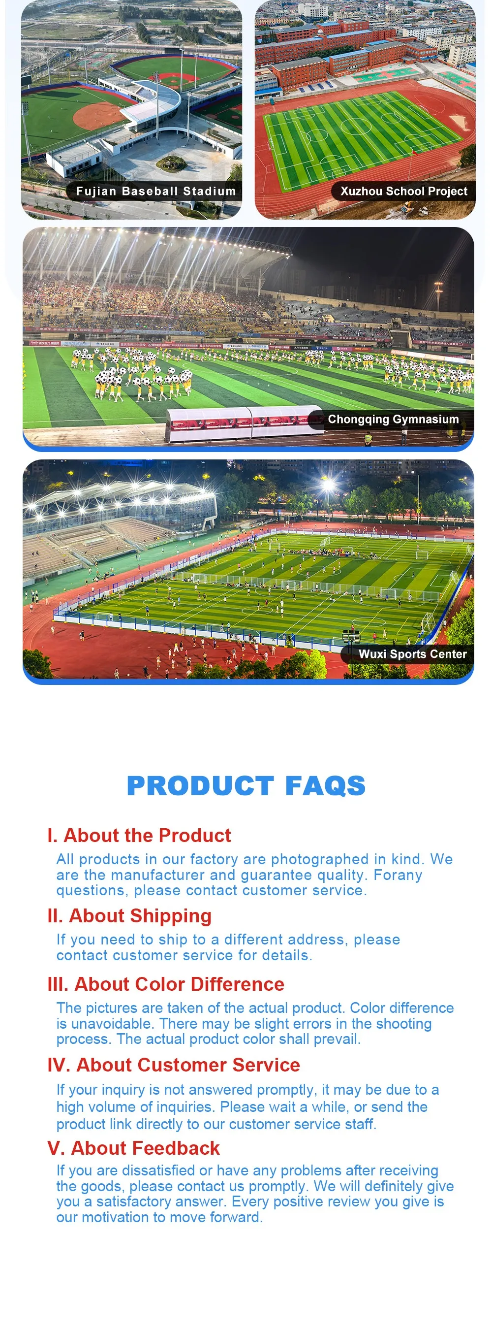 Non-infill football turf project cases: Fujian Baseball Stadium, Xuzhou school project, Chongqing Gymnasium and Wuxi Sports Centre