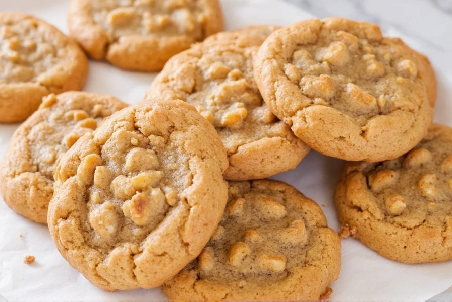 Freshly baked cinnamon toast crunch cookies with visible cereal pieces on baking sheet