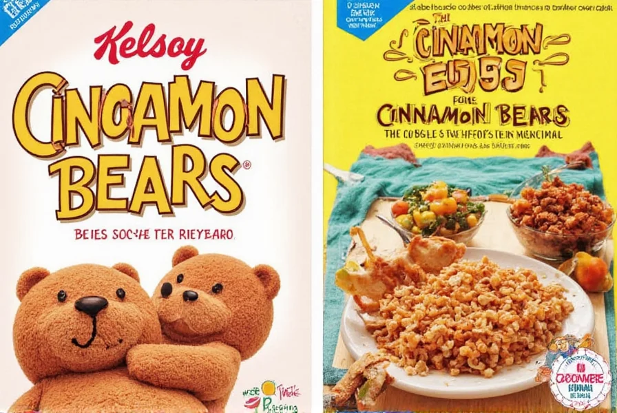 Close-up photograph of Cinnamon Bears cereal showing golden-brown cereal pieces mixed with cinnamon-colored bear-shaped marshmallows in a white bowl with milk