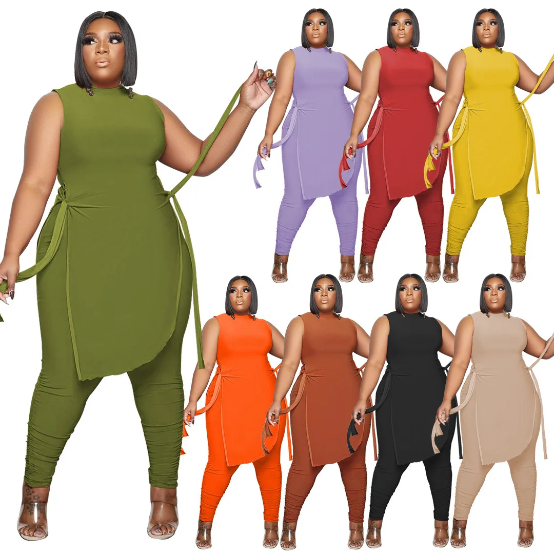 

2022 Spring Women Plus Size Clothing Casual Solid O Neck Slit Sleeveless 2 Pc Long Stacked Pants Set Women's Two Piece Sets, Yellow,khaki,army green,light purple