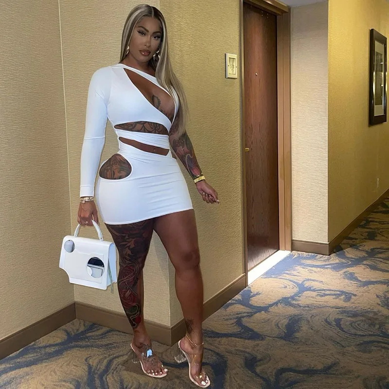 

In stock unique design cut out wrap fashion sexy white mini party one shoulder club dresses