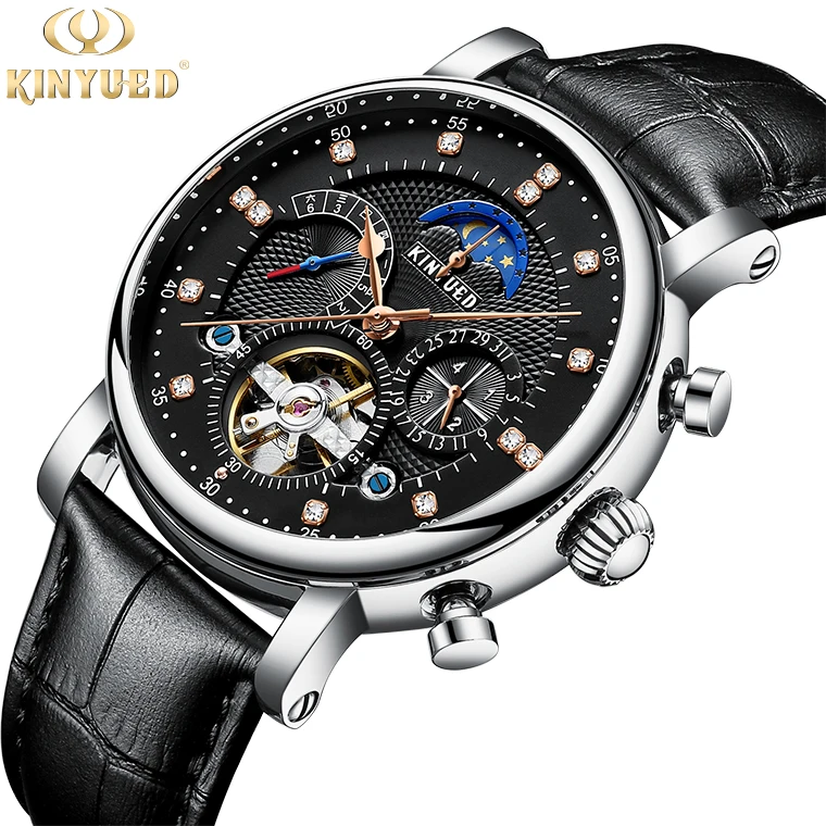 

KINYUED Brand J025-4 Gold Case Genuine Leather Watches Skeleton Moon Phase Automatic Waterproof Men Reloj hombre, 4 colors