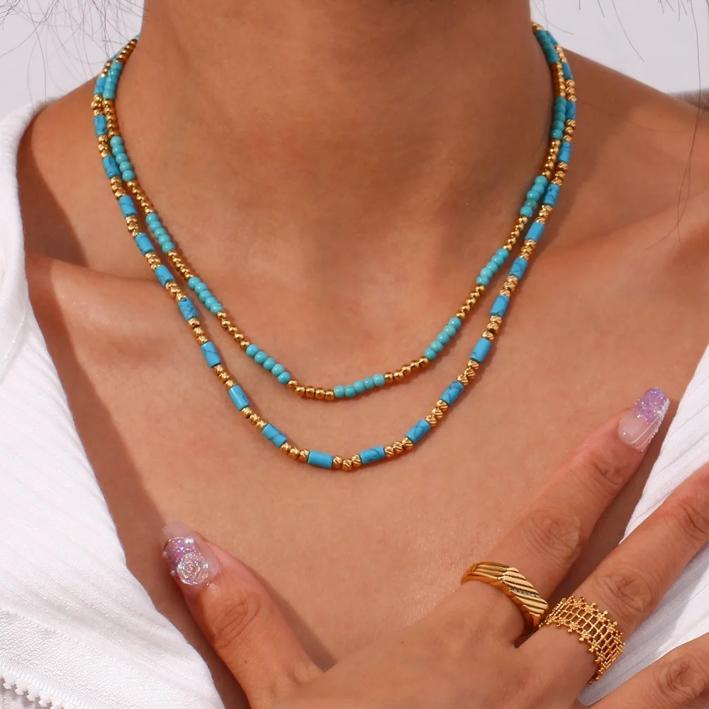 

Vintage Natural Stone Turquoise Bead Necklace Gold Plated Stainless Steel Chain Necklace Choker