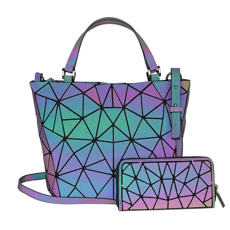 

Women Tote Bag Reflective PU Shoulder Bag Luminous Geometric Womens Handbags and Purses