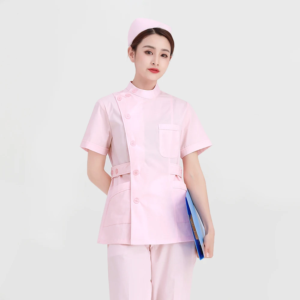 

Factory Outlet Nurse uniform Pink stand collar top Summer Tuck your waist and look thin Rehabilitation Center Pharmacy