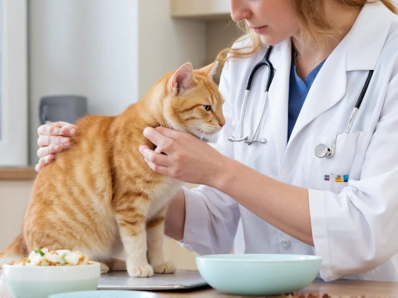 Vet checking cat's health during diet consultation