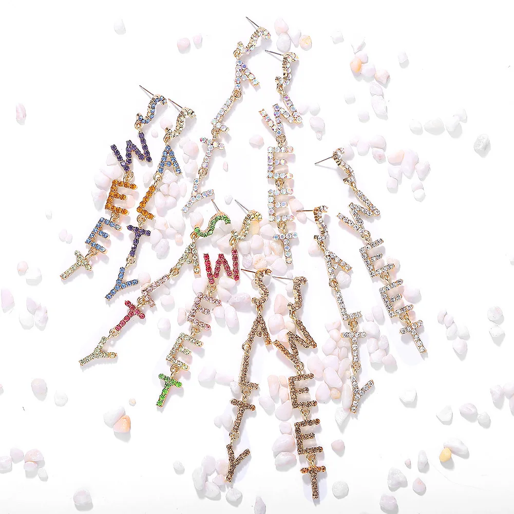 

Fashion Letters Sweet Pendant Dangle Earrings For Women Ladies Colorful Diamond Drop Earring Jewelry Factory Custom, Golden