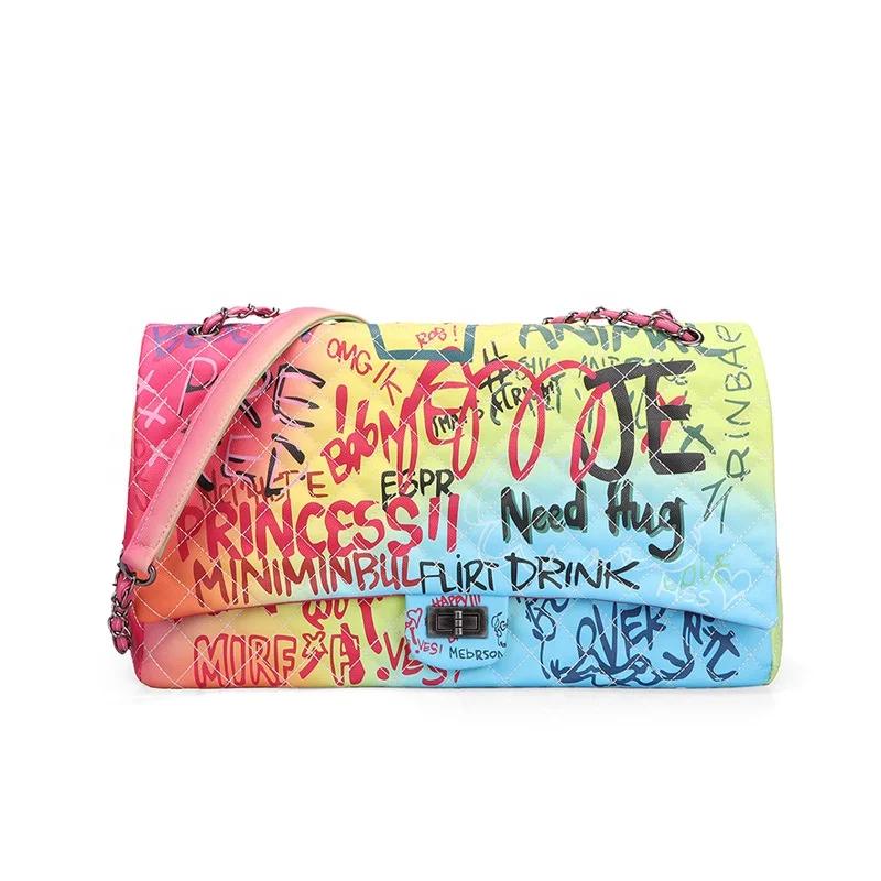 

Factory direct color graffiti rhombus chain bag trendy oversized bag small fragrance shoulder messenger bag