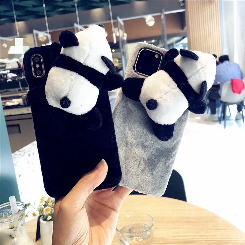 

Cute Cartoon 3D Panda Furry Fluffy Phone Cases For iPhone 12 Pro Max Mini 11 X XS XR Hot Sale Animal Mobile Phone Cover