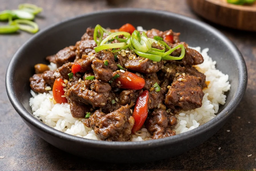 Finished pepper steak served over steamed rice with garnish of sesame seeds and sliced green onions