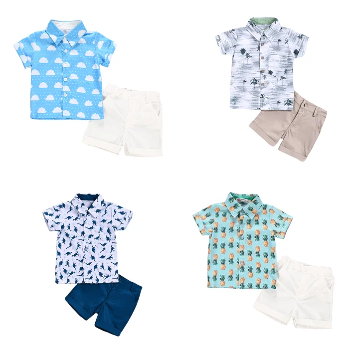 

Summer 2020 Printed animal leaves clouds boys cotton short sleeve shirt shorts suit summer clothing set for hot selling, As pic shows, we can according to your request also