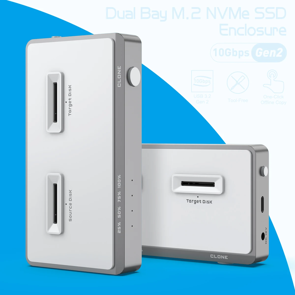 Dual-Bay Offline Clone USB C 3.1 Gen 2 10Gbps to NVMe PCIe M-Key(B+M Key) Solid State clone Drive External Enclosure