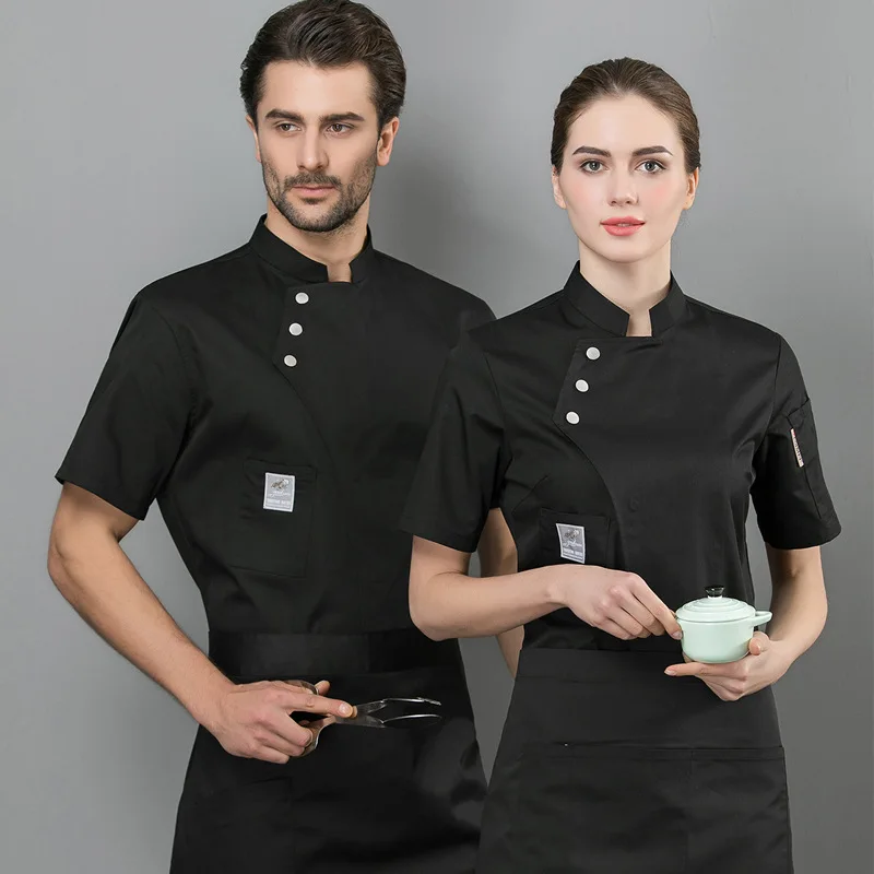 
Bulk sale 65% poly 35% cotton chef coat uniform workwear clothing black/white chef uniform jacket with pockets 