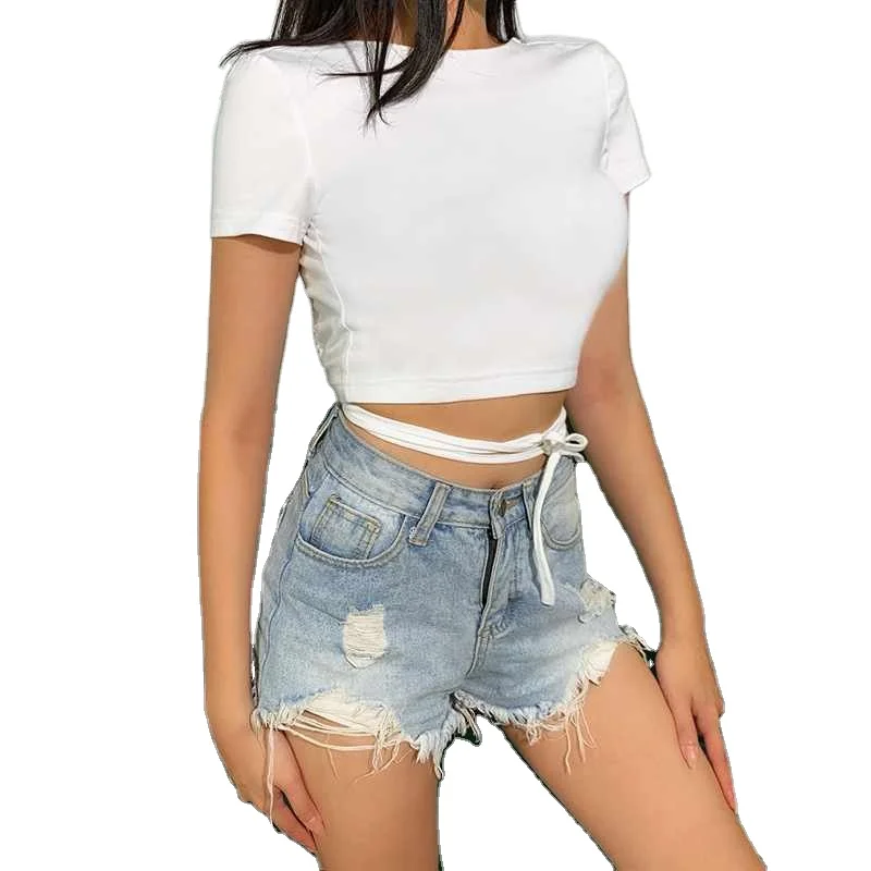 

women white short sleeve crop top backless