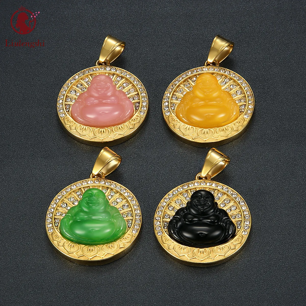 

Buddhism Hip Hops Stainless Steel Jewelry Round Disc Jade Maitreya Necklace Opal Stone Laughing Malay Buddha Necklace