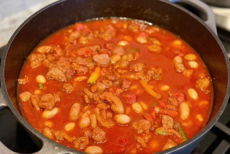 Homemade chili with tomato juice simmering in a cast iron pot with visible chunks of beef, beans, and vegetables