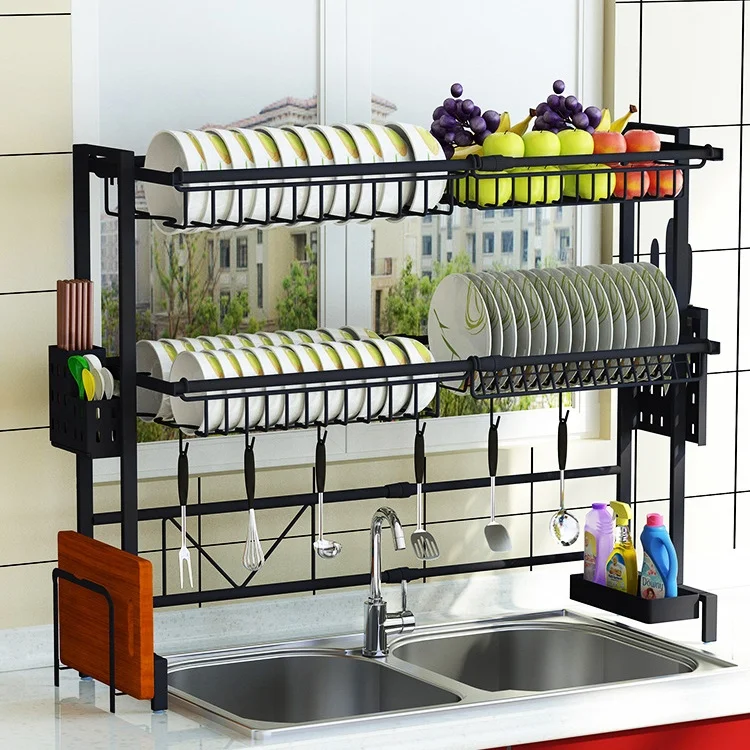 

Easy extend collapsible 1 layer 2 layer 201 stainless steel kitchen over the sink dish drainer rack organizer, Black