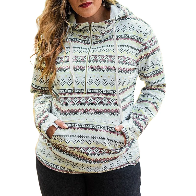 

2021 High Fashion New Aztec Print Half Zip High Neck Plus Size Oversized Hoodie With Pocket