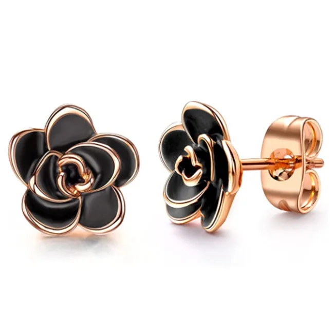 

18K Gold Plated Black Rose Flower Stud Earrings