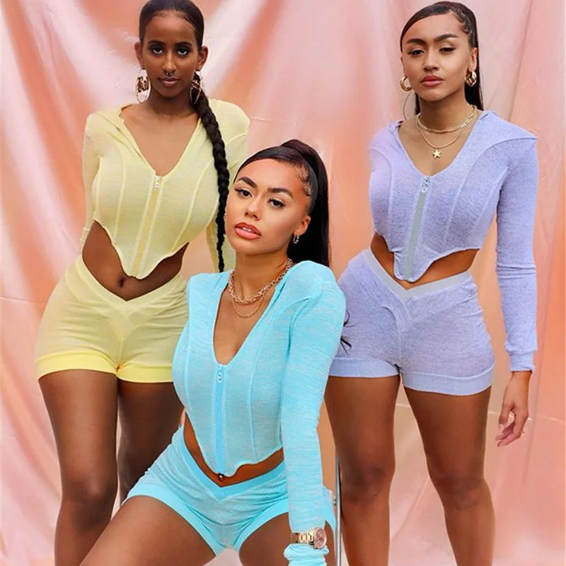 

2020 Winter Autumn Casual Cardigan Sets Hooded Women 2 Piece Long Sleeve Shorts Sexy Two Piece Sets, Multiple colors