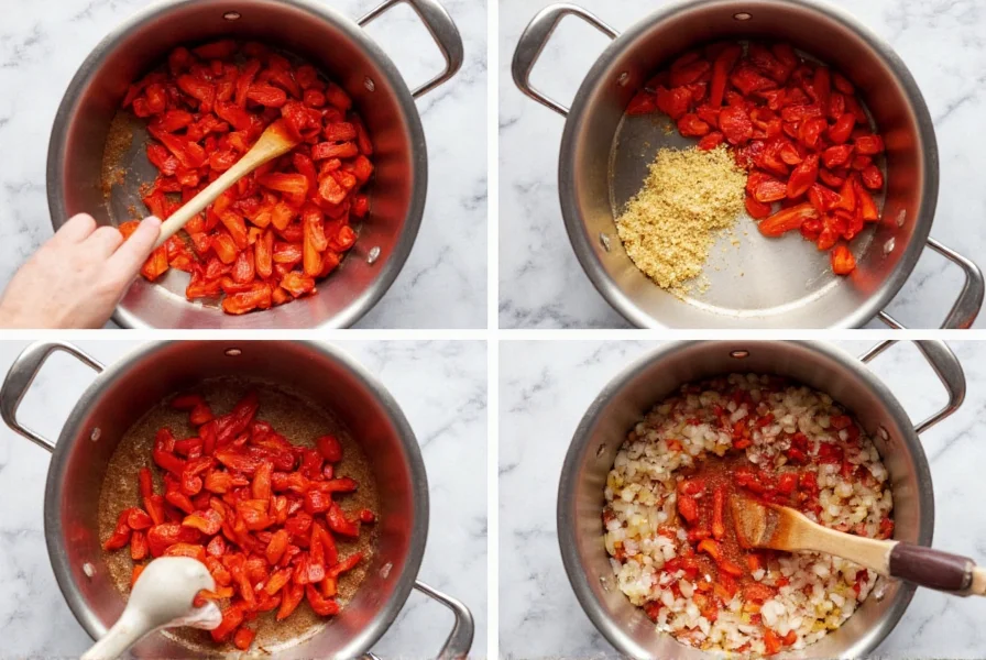 Step-by-step preparation of homemade red pepper relish showing roasted red peppers being chopped and simmered with onions and spices in a stainless steel pot