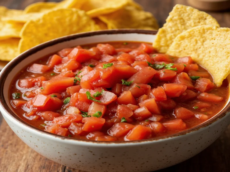 Classic tomato salsa in bowl with tortilla chips