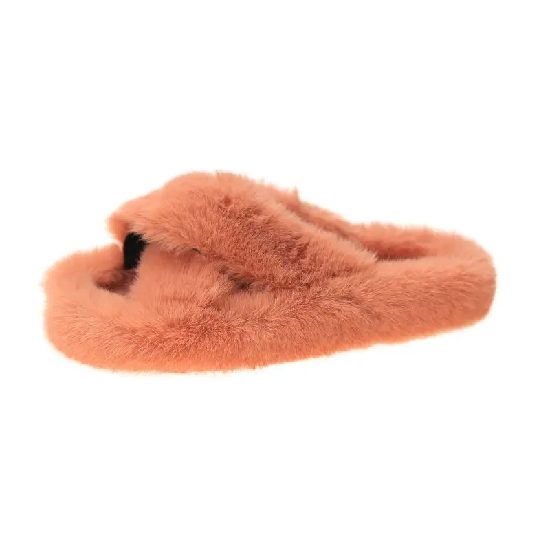 

Fashion Women Faux Fur Slides Cross Fuzzy Slippers For Women Winter House Slippers