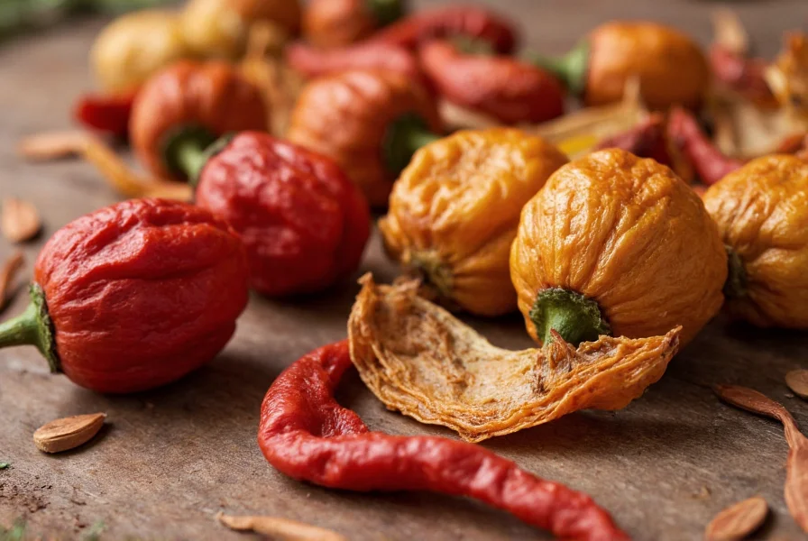 Close-up photograph of dried cascabel peppers showing their round shape and wrinkled texture, arranged on a rustic wooden table with some whole peppers and others sliced open to reveal the seeds