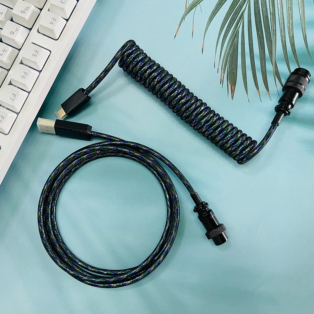 

Custom Coiled Type C USB Cable for Mechanical Keyboard Aviator Connector Spiral Paracord with Double Sleeve, Colorful