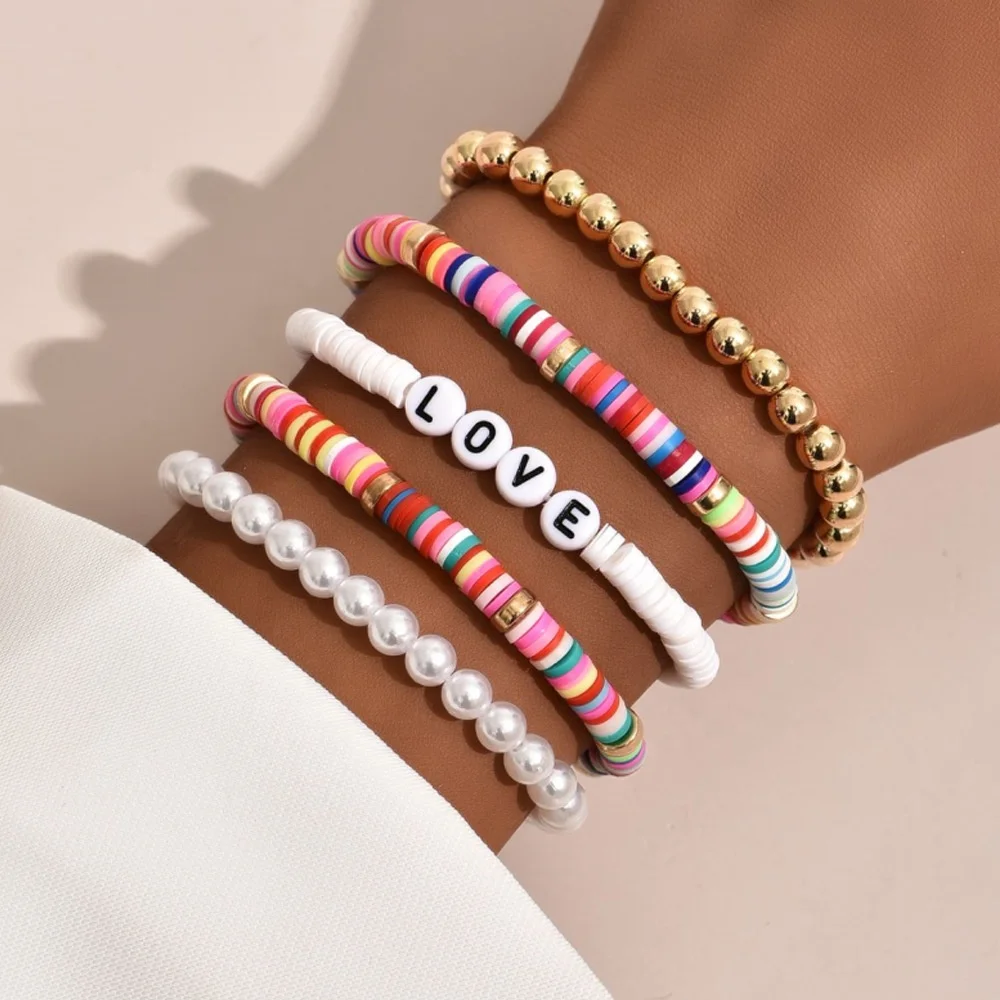 

Bohemia beach 5pcs stack LOVE acrylic charm colorful polymer clay gold plated pearl beaded bracelet set women jewelry