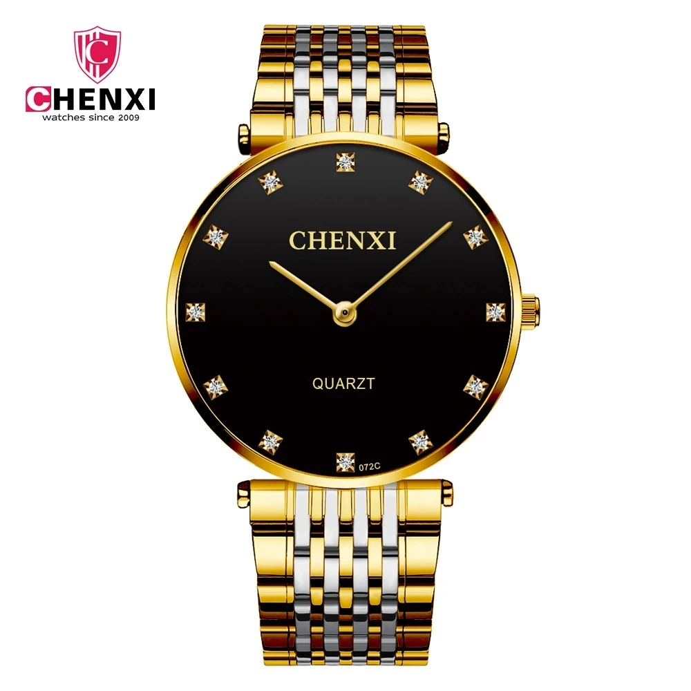 

New CHENXI 076C Fashion Silver Golden Men Watch Stainless Steel Case Quartz Watches Good Quality Rhinestone WristWatch Reloj