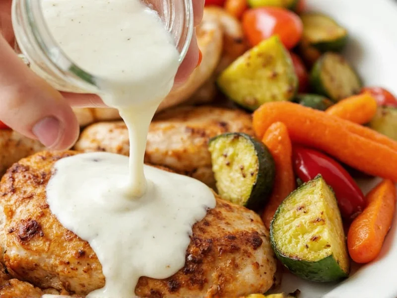 Ranch dressing drizzled over grilled chicken and roasted vegetables