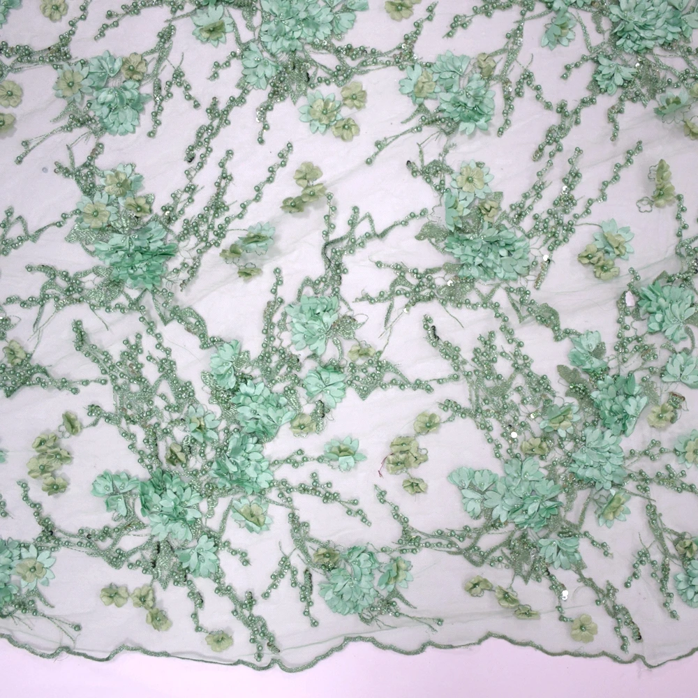 2021 Mint Green Handmade Embroidered Beaded Tulle Lace Border 3d Flower Lace Fabric With Sequins Pearls Laces HY0887