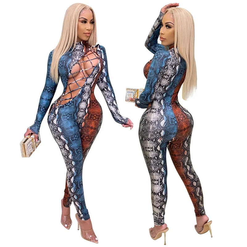 

B63589A Cross-border American hot style print sexy hollow-out bandage lady nightclub jumpsuit, As picture