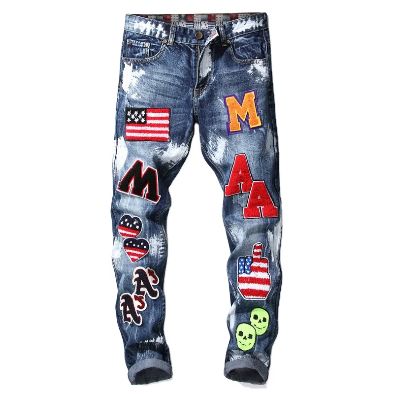 

Hot European order high quality mens denim jeans Hip Hop logo distressed slim fit biker trousers men jeans