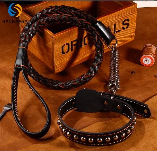 

Adjustable Rivet Spring Collar And Leash Braided Lead Dog Leash Leather Collars Pet, Black